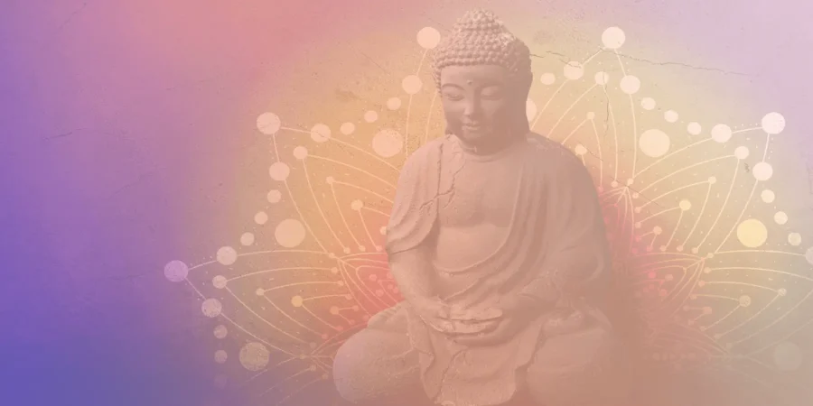 Serene Buddha statue with a pastel lotus background.