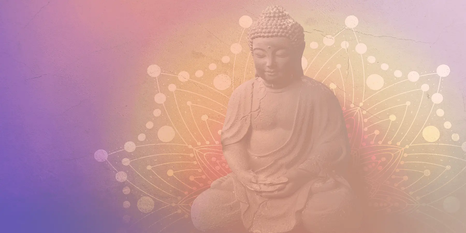 Serene Buddha statue with a pastel lotus background.