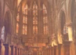 Interior of a grand cathedral with stained glass windows and ornate decorations.